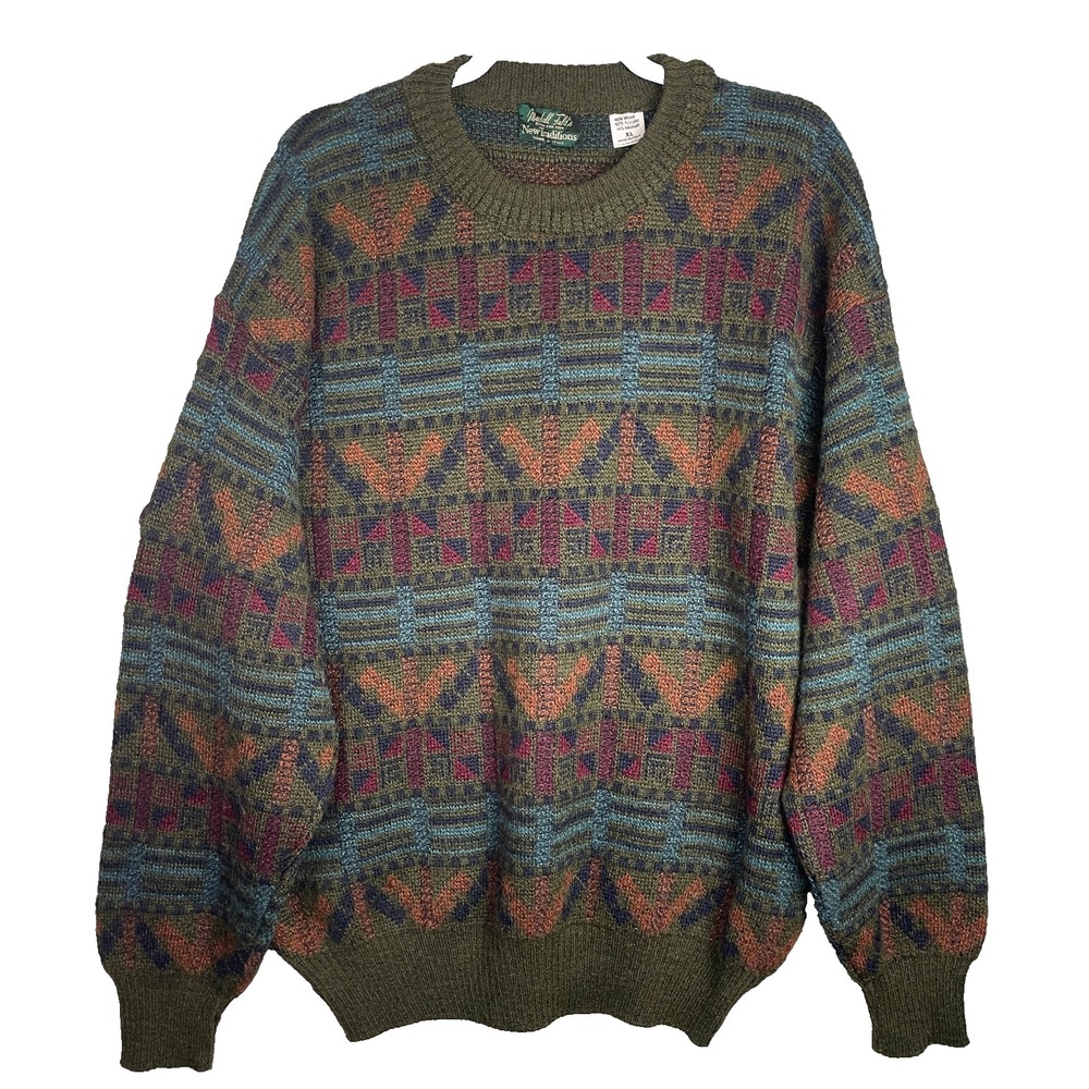 Marshall Fields New Traditions Sweater Men XL Wool Mohair Blend Geometric Jumper